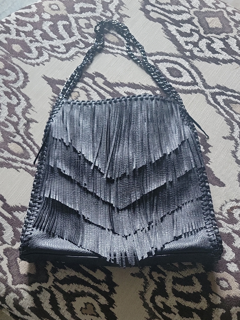 Black Fringe Shoulder Bag with Braided Strap